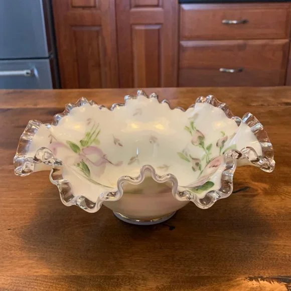 Vintage Fenton Silver Crest Crimped Edge Bowl Hand Painted with Charleton Design